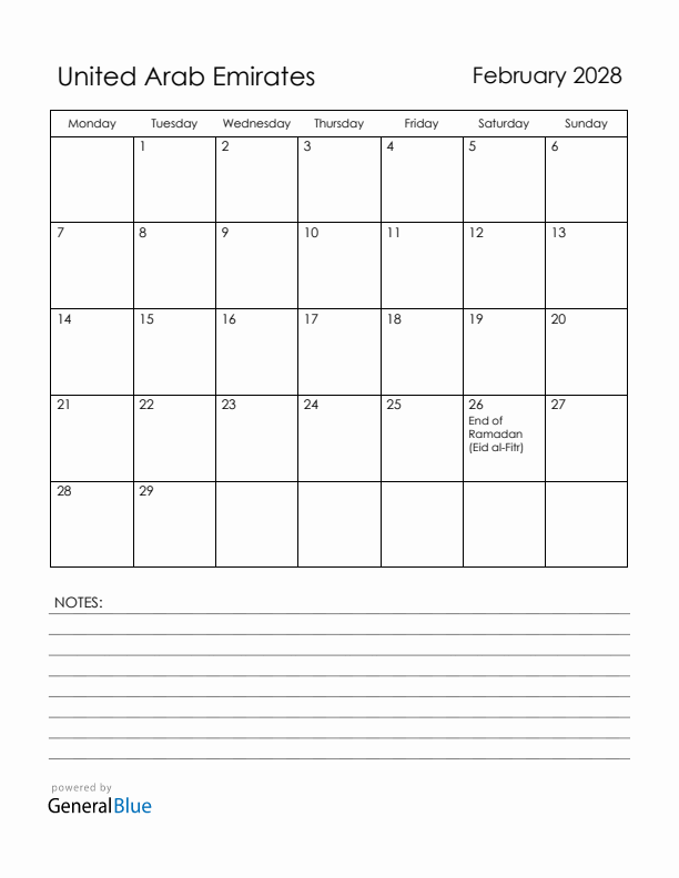 February 2028 United Arab Emirates Calendar with Holidays (Monday Start)