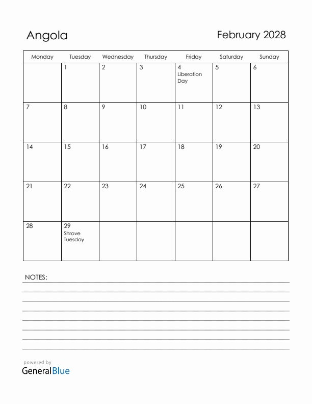 February 2028 Angola Calendar with Holidays (Monday Start)