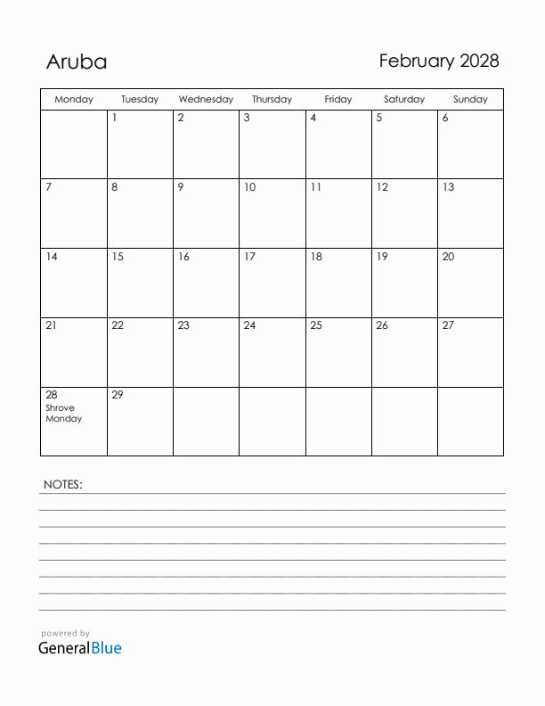 February 2028 Aruba Calendar with Holidays (Monday Start)