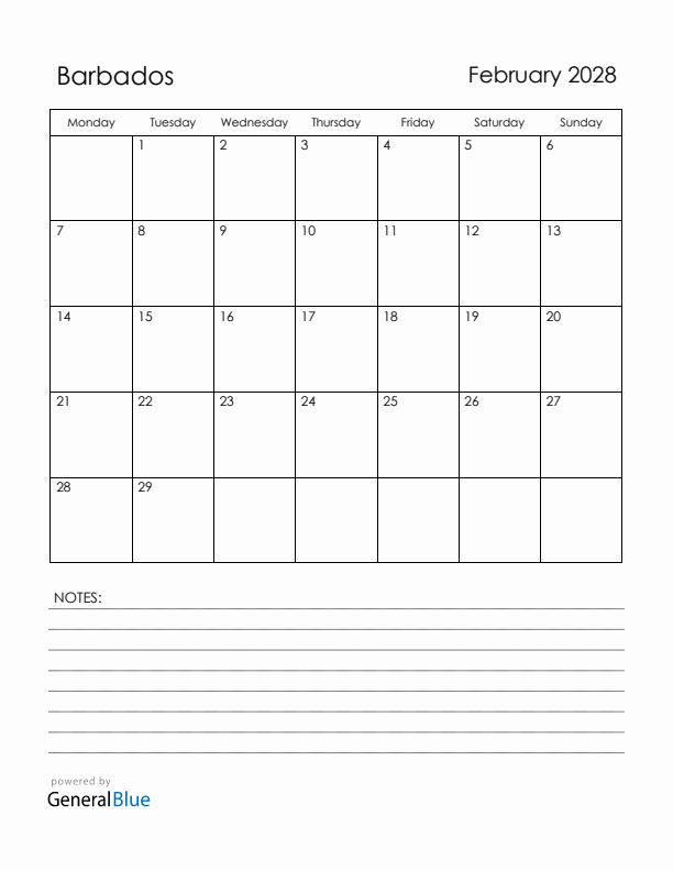 February 2028 Barbados Calendar with Holidays (Monday Start)