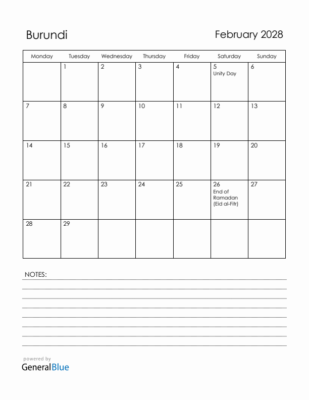 February 2028 Burundi Calendar with Holidays (Monday Start)