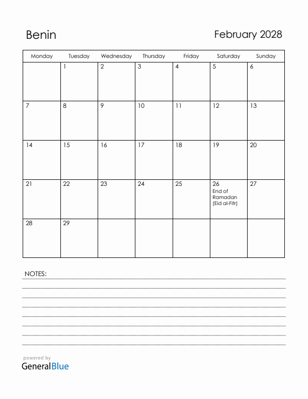 February 2028 Benin Calendar with Holidays (Monday Start)