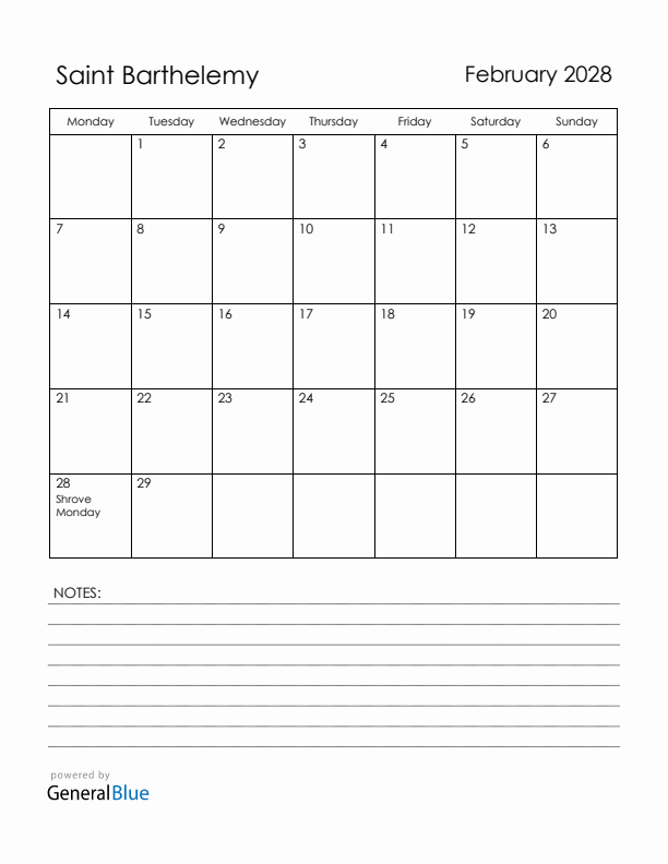 February 2028 Saint Barthelemy Calendar with Holidays (Monday Start)