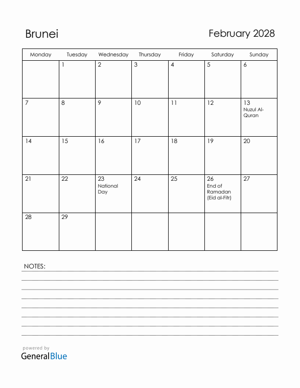 February 2028 Brunei Calendar with Holidays (Monday Start)