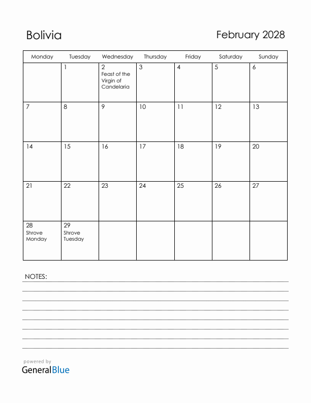 February 2028 Bolivia Calendar with Holidays (Monday Start)