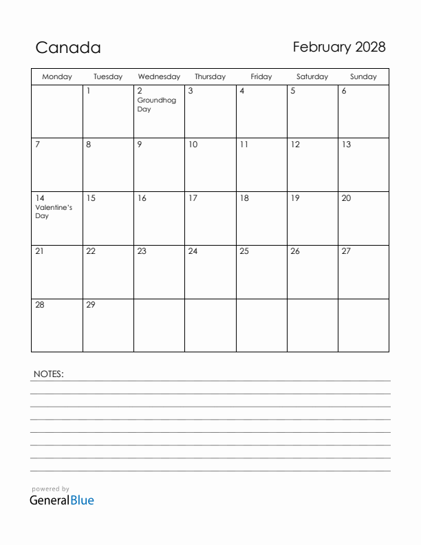 February 2028 Canada Calendar with Holidays (Monday Start)