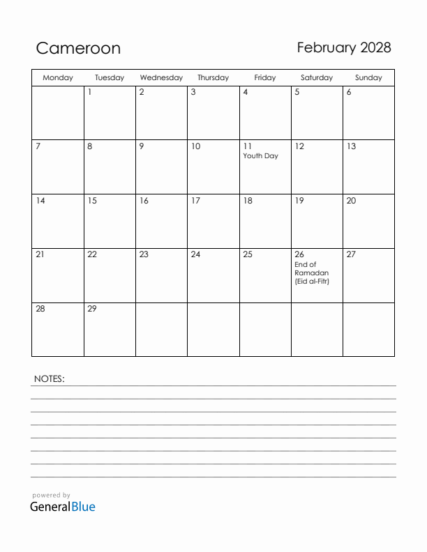 February 2028 Cameroon Calendar with Holidays (Monday Start)