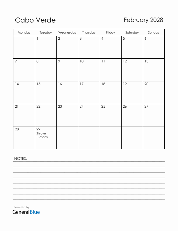 February 2028 Cabo Verde Calendar with Holidays (Monday Start)