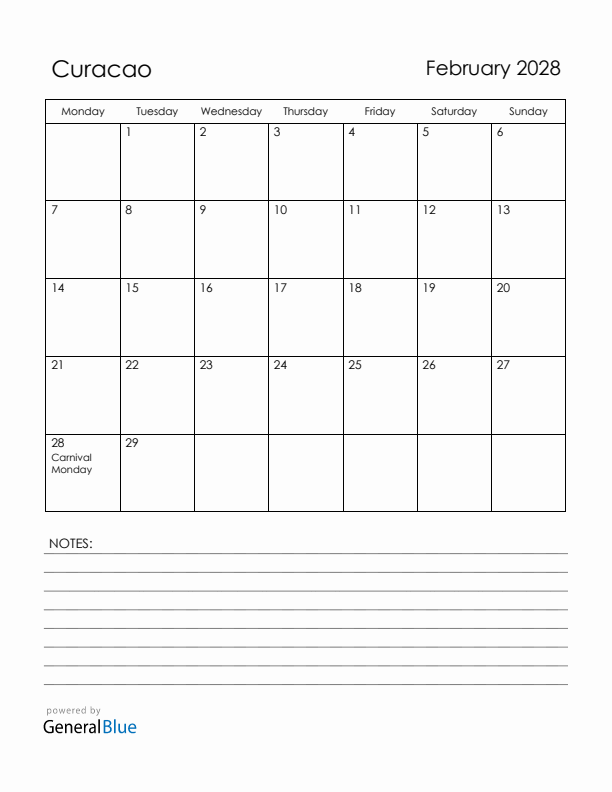 February 2028 Curacao Calendar with Holidays (Monday Start)
