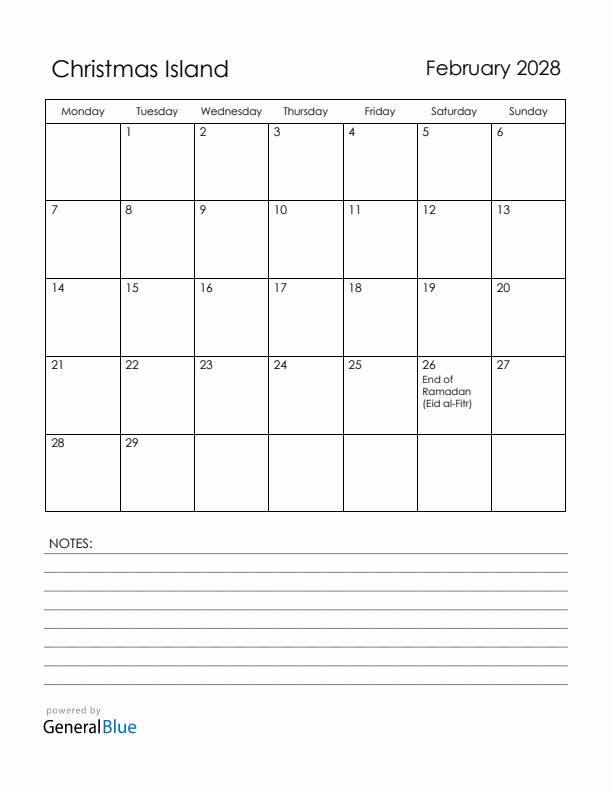 February 2028 Christmas Island Calendar with Holidays (Monday Start)