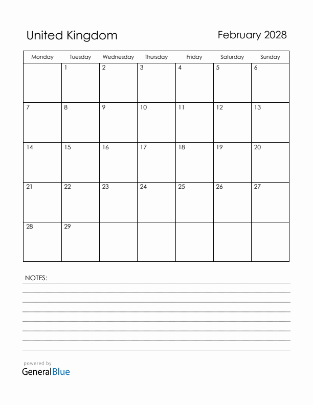 February 2028 United Kingdom Calendar with Holidays (Monday Start)