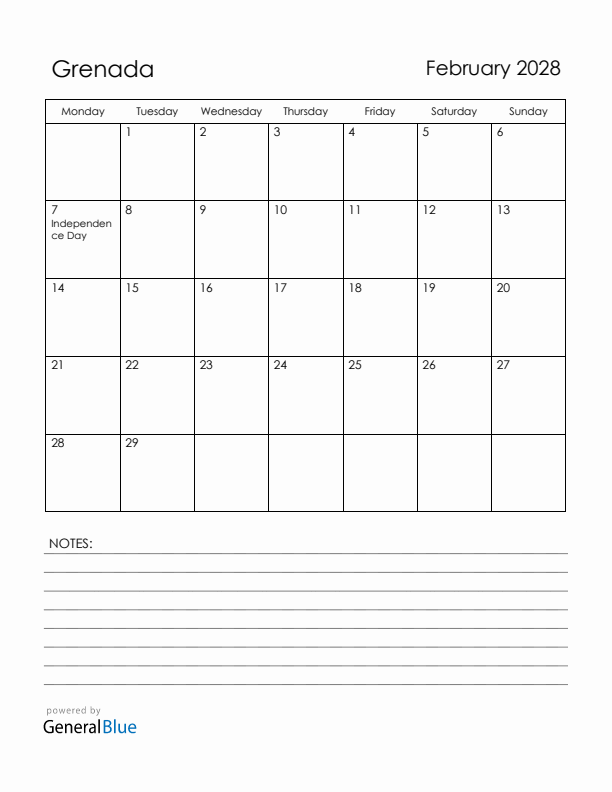February 2028 Grenada Calendar with Holidays (Monday Start)