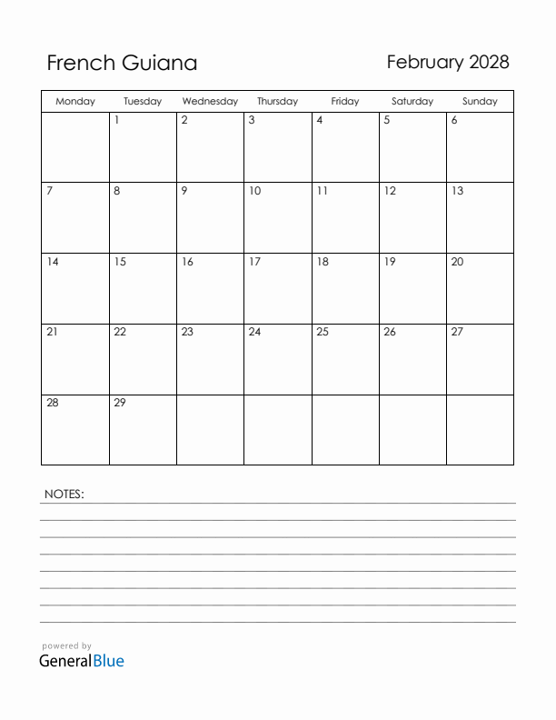 February 2028 French Guiana Calendar with Holidays (Monday Start)