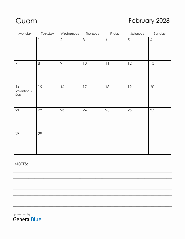 February 2028 Guam Calendar with Holidays (Monday Start)