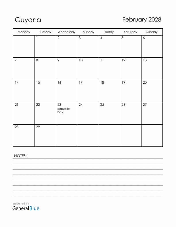 February 2028 Guyana Calendar with Holidays (Monday Start)