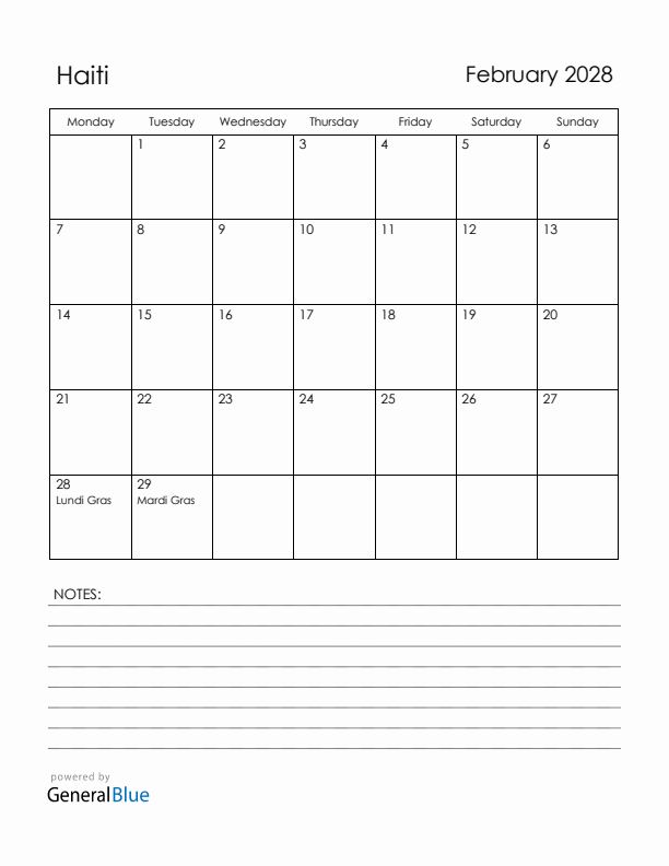 February 2028 Haiti Calendar with Holidays (Monday Start)