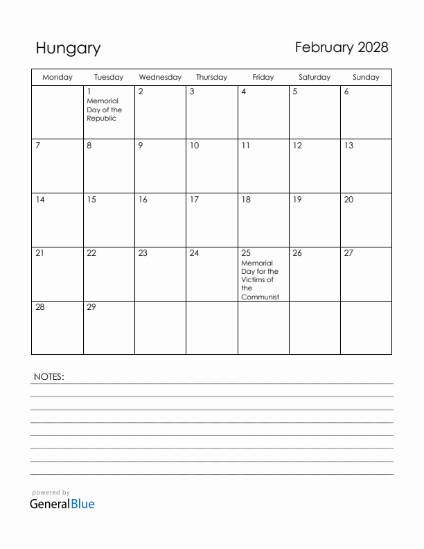 February 2028 Hungary Calendar with Holidays (Monday Start)