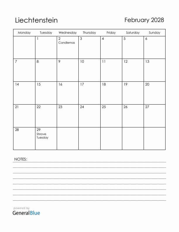 February 2028 Liechtenstein Calendar with Holidays (Monday Start)