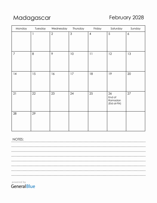 February 2028 Madagascar Calendar with Holidays (Monday Start)