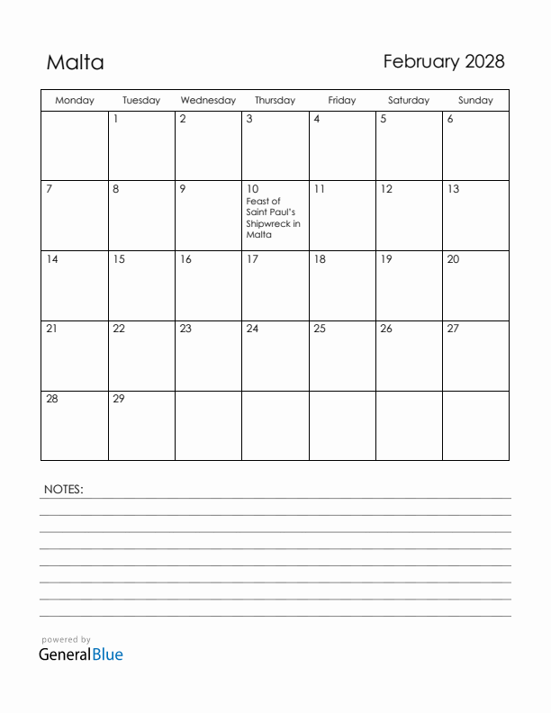 February 2028 Malta Calendar with Holidays (Monday Start)
