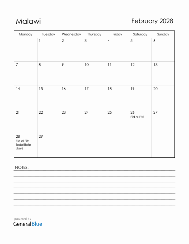February 2028 Malawi Calendar with Holidays (Monday Start)