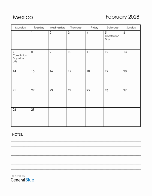 February 2028 Mexico Calendar with Holidays (Monday Start)