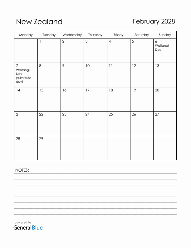 February 2028 New Zealand Calendar with Holidays (Monday Start)