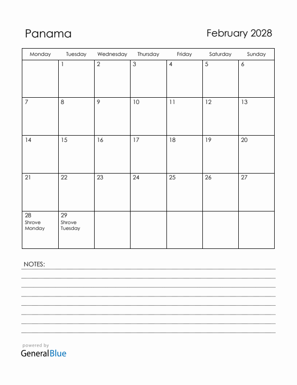 February 2028 Panama Calendar with Holidays (Monday Start)