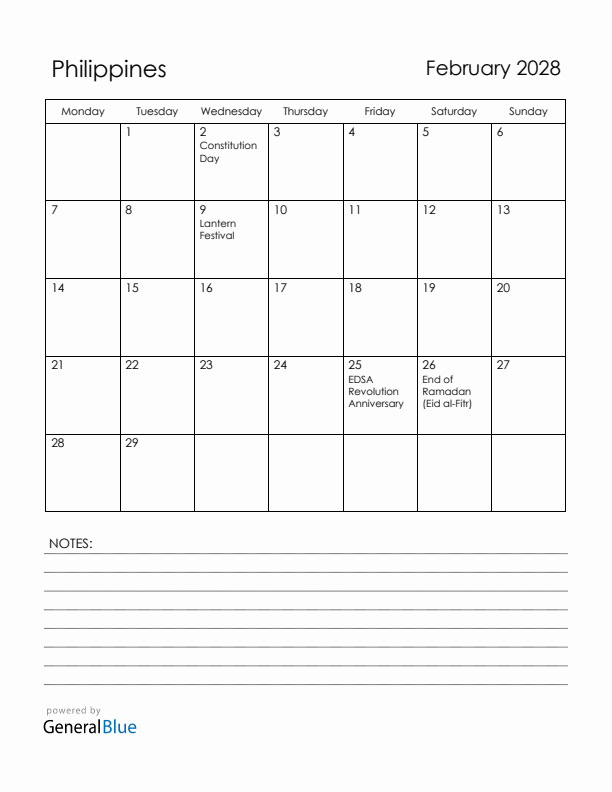 February 2028 Philippines Calendar with Holidays (Monday Start)