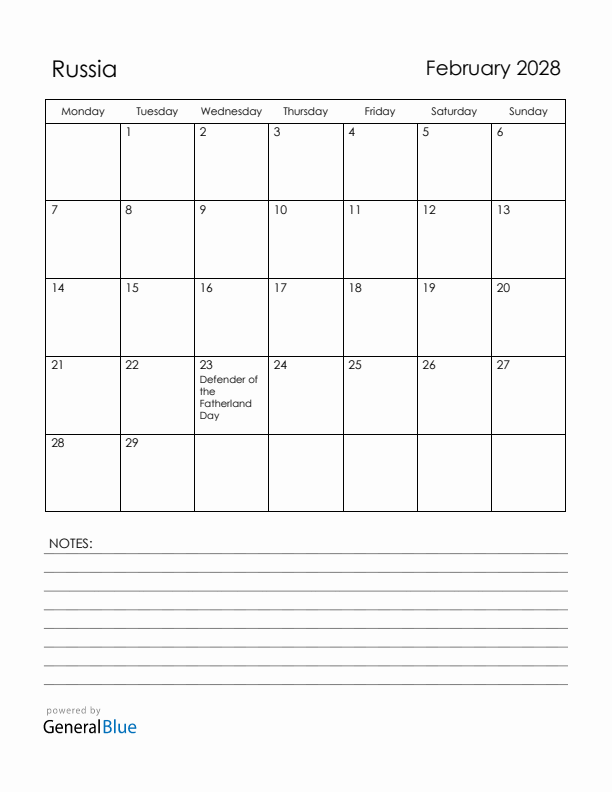 February 2028 Russia Calendar with Holidays (Monday Start)