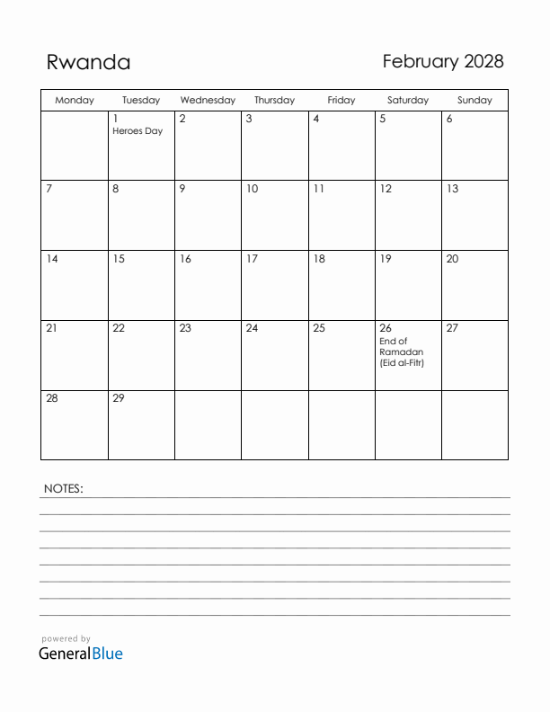 February 2028 Rwanda Calendar with Holidays (Monday Start)