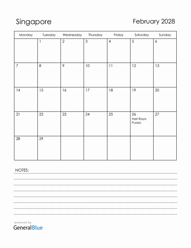 February 2028 Singapore Calendar with Holidays (Monday Start)