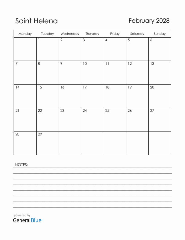 February 2028 Saint Helena Calendar with Holidays (Monday Start)