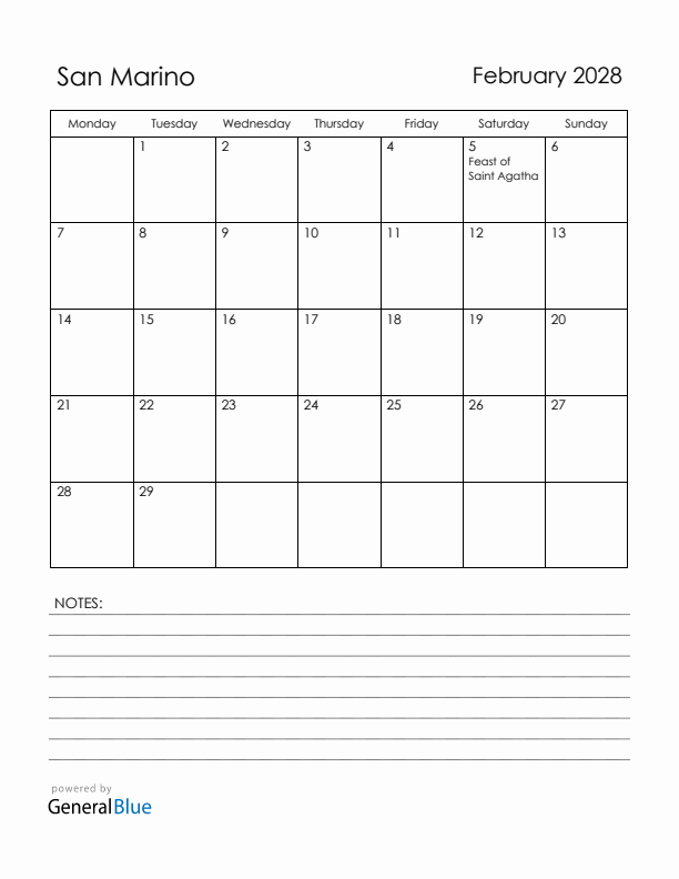 February 2028 San Marino Calendar with Holidays (Monday Start)