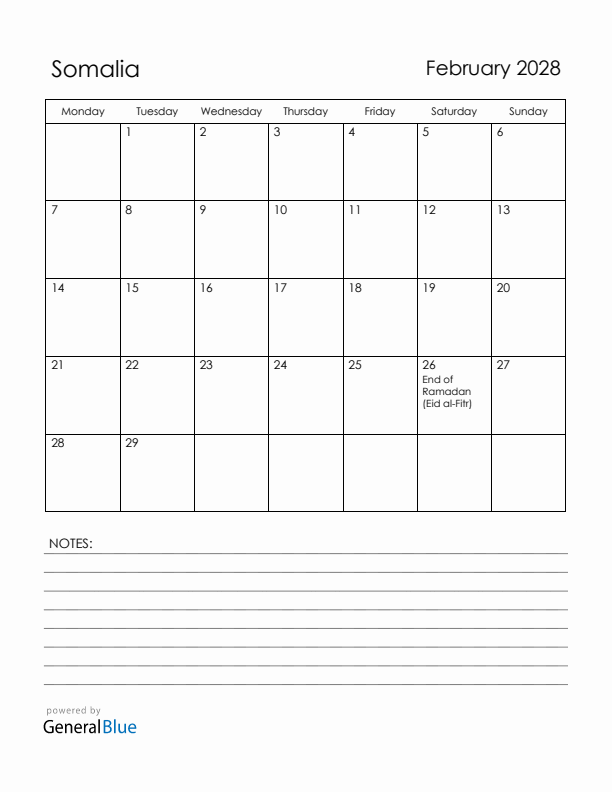 February 2028 Somalia Calendar with Holidays (Monday Start)