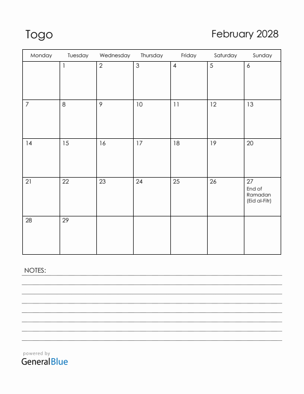 February 2028 Togo Calendar with Holidays (Monday Start)