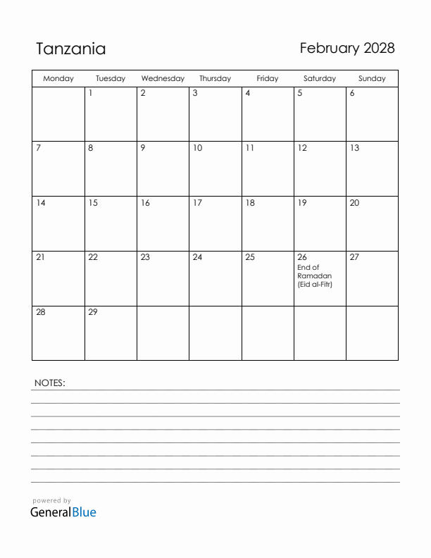 February 2028 Tanzania Calendar with Holidays (Monday Start)