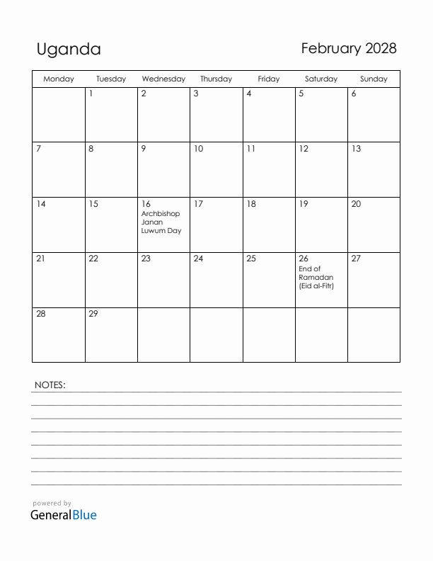 February 2028 Uganda Calendar with Holidays (Monday Start)