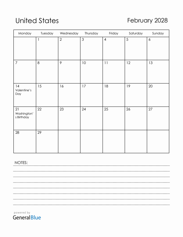February 2028 United States Calendar with Holidays (Monday Start)