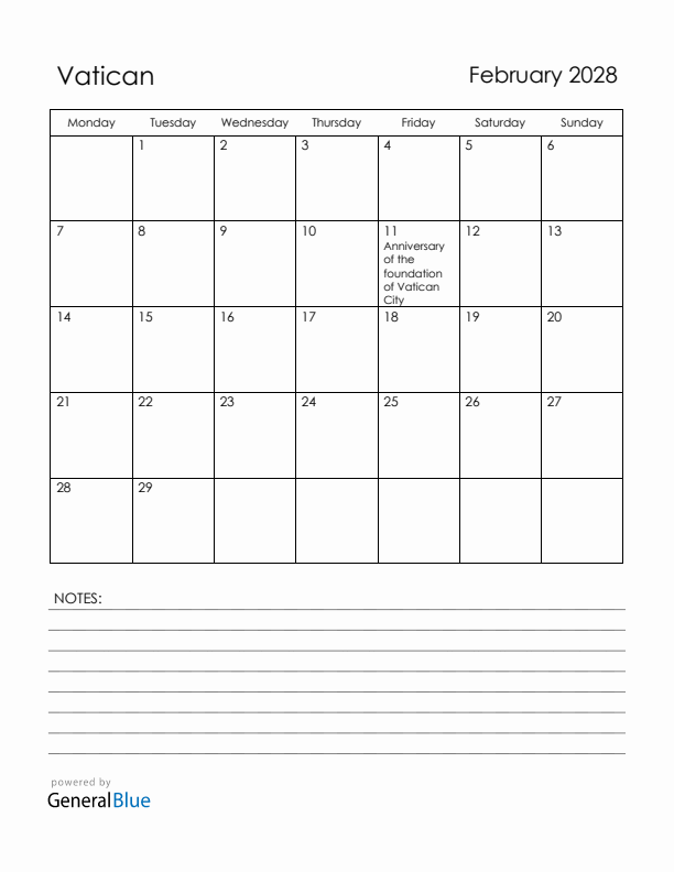 February 2028 Vatican Calendar with Holidays (Monday Start)