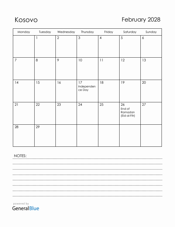 February 2028 Kosovo Calendar with Holidays (Monday Start)