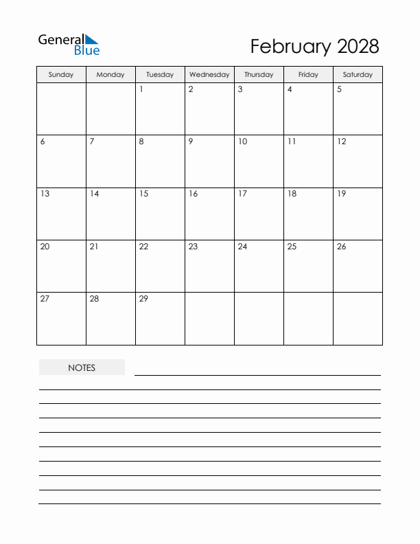 Printable Calendar with Notes - February 2028 