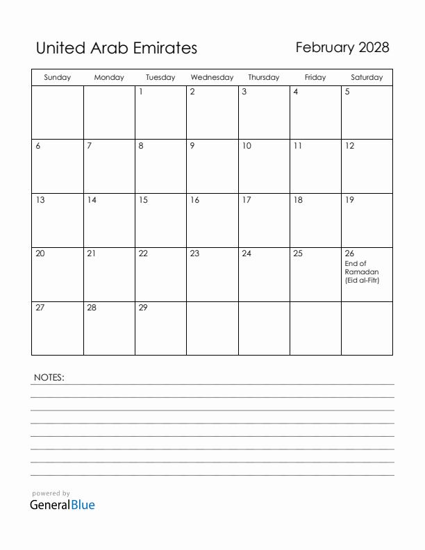 February 2028 United Arab Emirates Calendar with Holidays (Sunday Start)