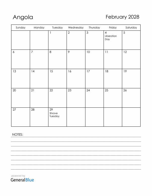 February 2028 Angola Calendar with Holidays (Sunday Start)