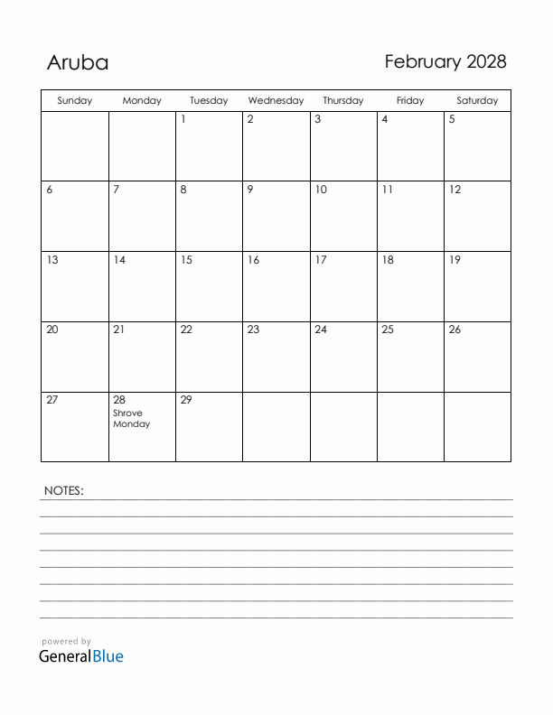 February 2028 Aruba Calendar with Holidays (Sunday Start)