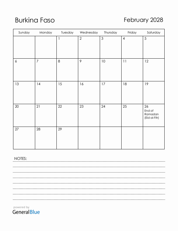February 2028 Burkina Faso Calendar with Holidays (Sunday Start)