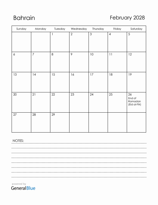 February 2028 Bahrain Calendar with Holidays (Sunday Start)