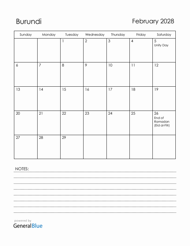 February 2028 Burundi Calendar with Holidays (Sunday Start)