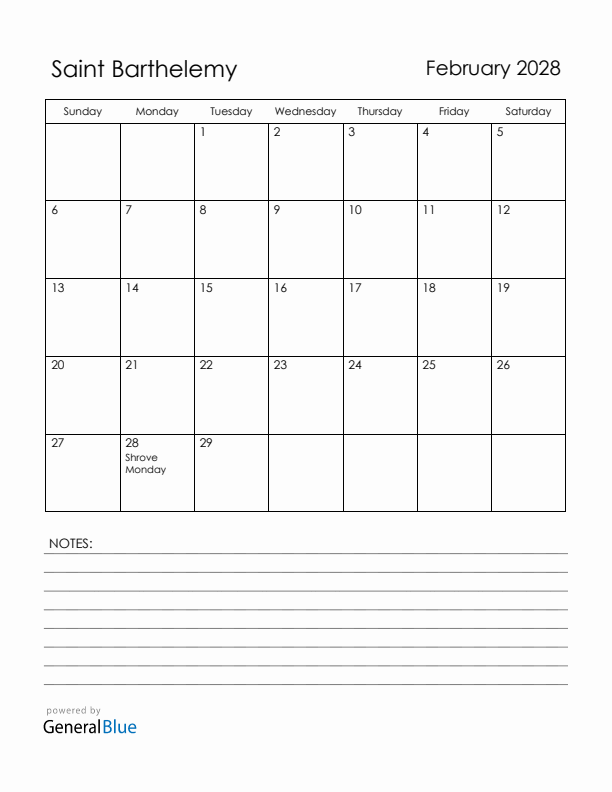February 2028 Saint Barthelemy Calendar with Holidays (Sunday Start)