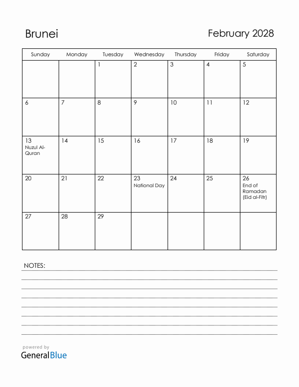 February 2028 Brunei Calendar with Holidays (Sunday Start)